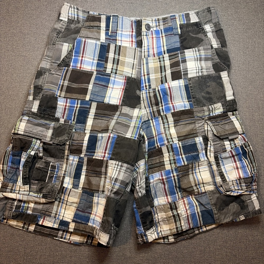 Y2K Chor Patchwork Plaid Cargo Grunge Skater Utility Baggy Shorts Mens Size 32